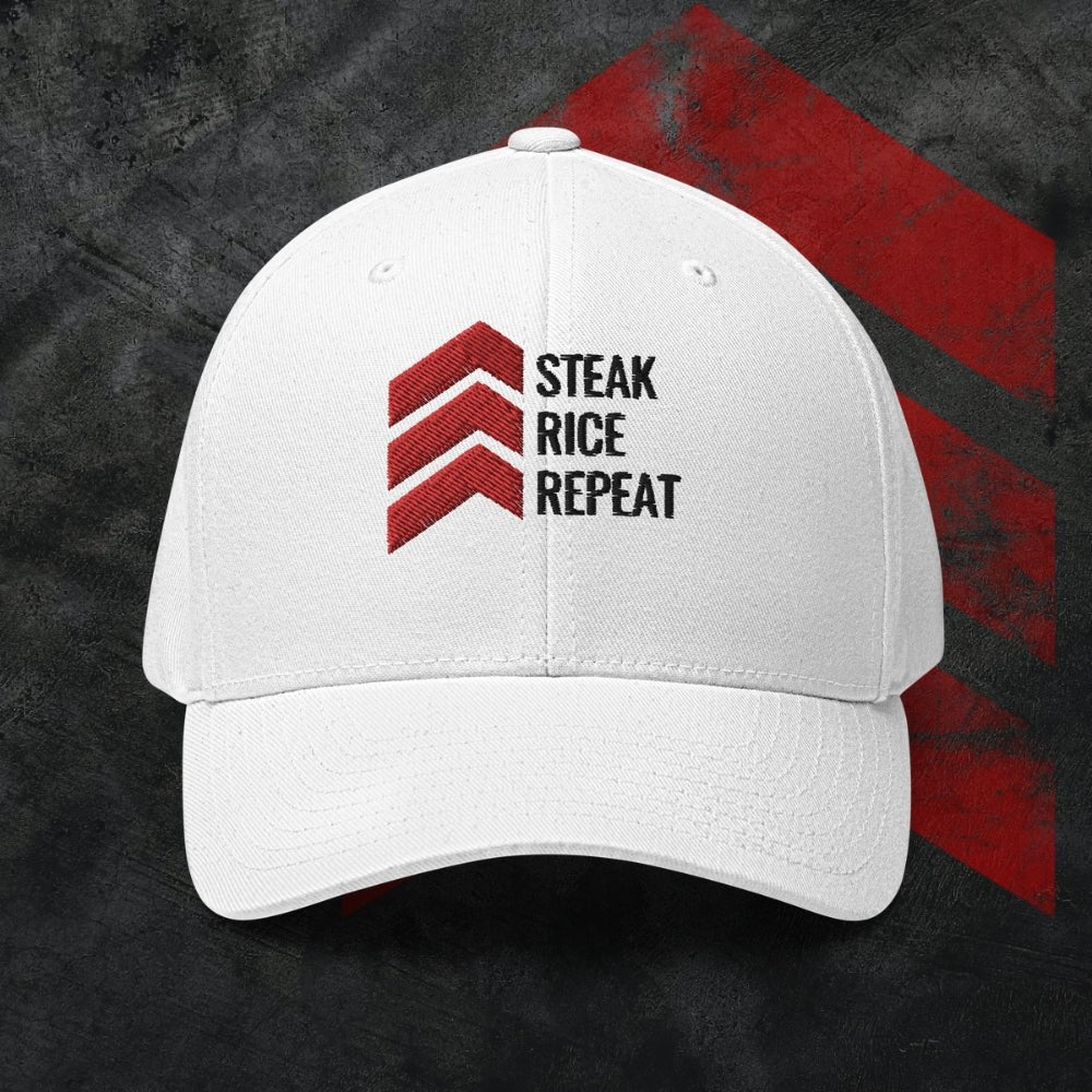 "Steak. Rice. Repeat." Flexfit Hat (White) - 1st Detachment